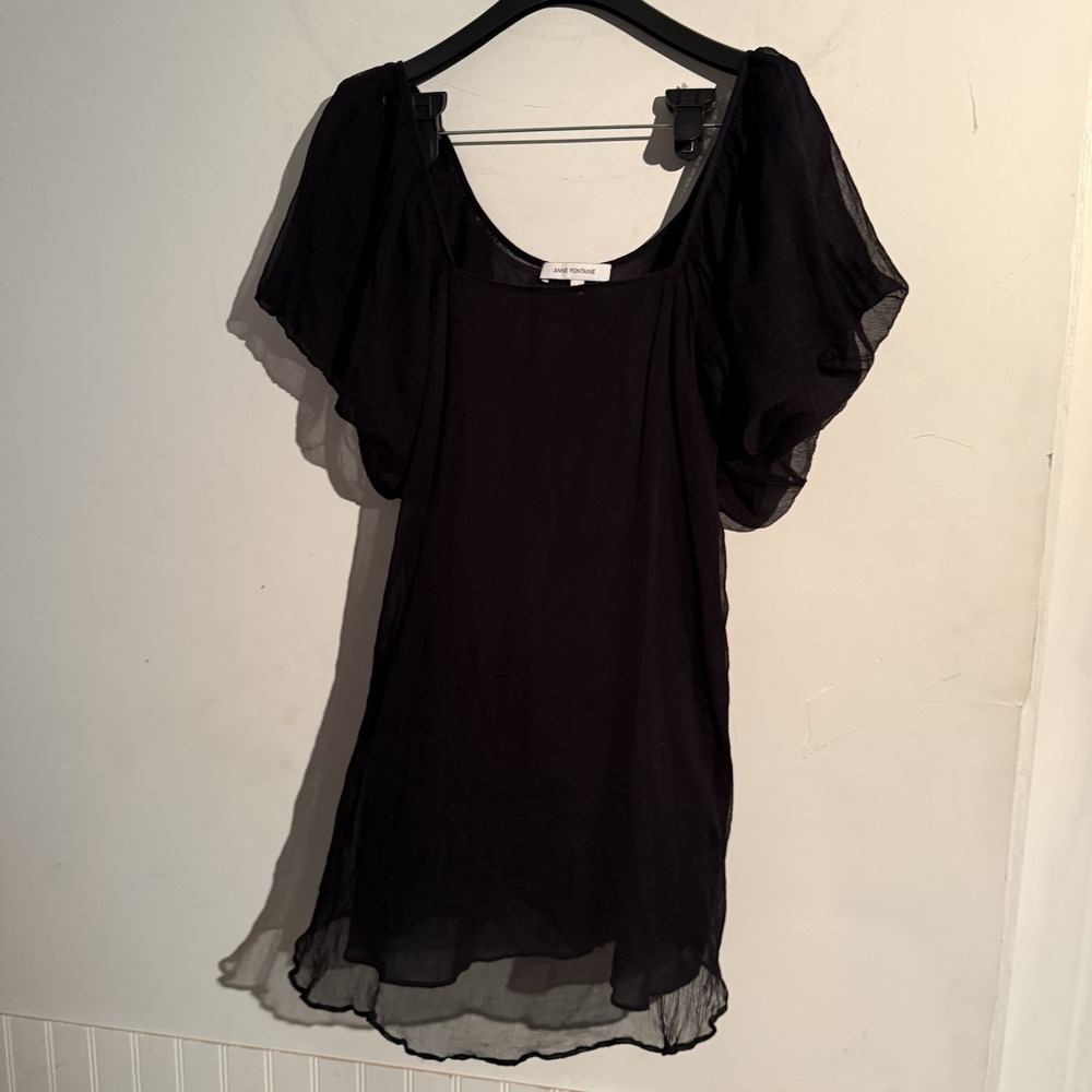 Anne Fontaine Cruz Short Black Crinkle Cotton Puff Sleeve Mini Dress 36 Romantic